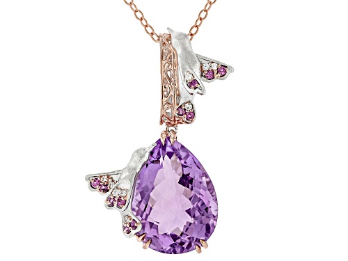 15.35ctw Amethyst, Rhodolite and White Zircon Rhod/18k Rose Gold Over Palladium Silver Pend W/ Chain