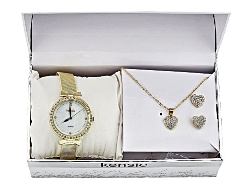 Kensie 9151 Gold Tone Women's Mesh Watch with Coordinating Earrings and Necklace Set
