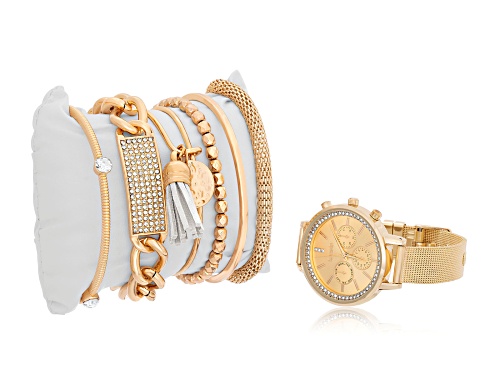 Kensie Gold Tone Mesh Band Watch with Accent Bracelet Set