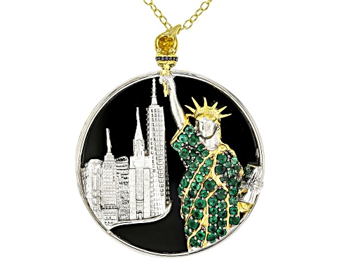 1.30ctw Grizzly Emerald & Onyx Rhodium/24k Gold Over Palladium Silver Pendant Brooch With Chain