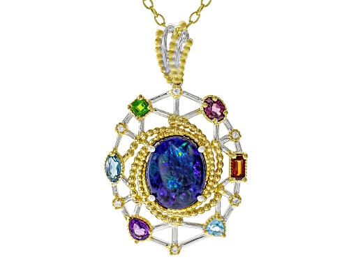 12x10mm Australian Opal Triplet, Multi Gemstone Rhodium/24k Gold Over Palladium Silver Pendant/Chain