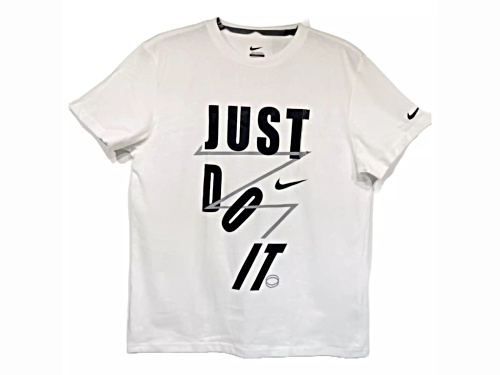 Nike Men's White Crew Neck with Black "Just Do It" Logo in Size Medium