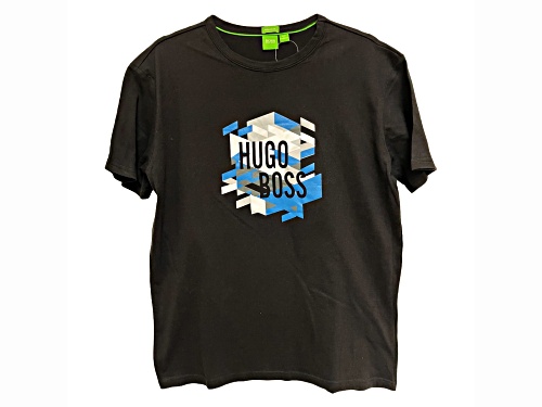 Hugo Boss Men's Black Crew Neck T-Shirt with Deconstructed Cube Design and Logo in Size Medium