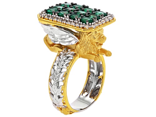 2.98ctw Grizzly Emerald, Zircon Rhodium & 24K Yellow Gold Over Palladium Sterling Silver Ring - Size 9