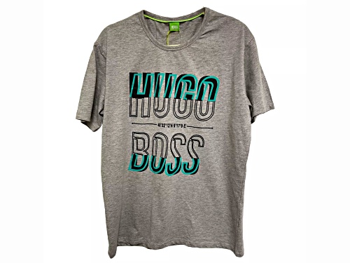 Hugo Boss Men's Gray Crew Neck T-Shirt with Black and Aqua Green Logo in Size Large