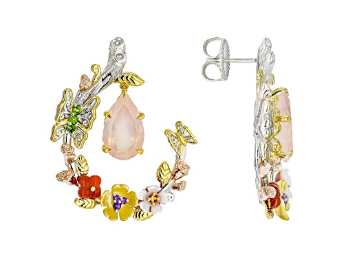 8.41ctw Rose Quartz and Multi Gemstone Rhod/18K/24K Gold Over Palladium Sterling Silver Earrings
