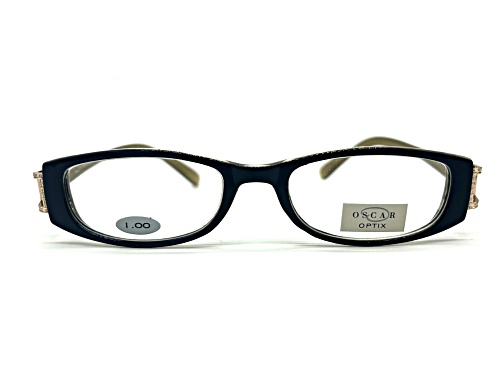 OSCAR Optix by OSCAR de la Renta Black and Bronze with Crystal Detail Oval Eyeglasses Readers +1.00