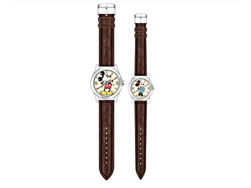 Disney His and Hers Set of 2 Mickey and Minnie Brown Leather Band Watches