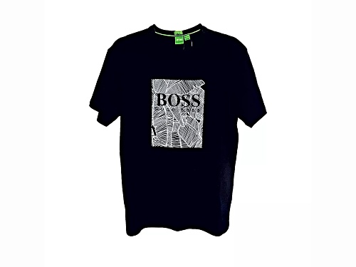 Hugo Boss Men's Black Crew Neck T-Shirt with Banana Leaf Design in Size Medium