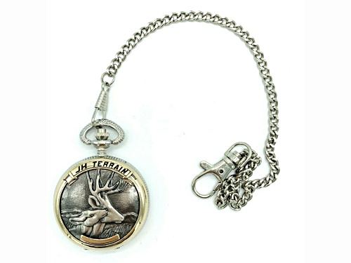 JH Terrain Men's Silver Deer Two-Toned Pocket Watch with Chain