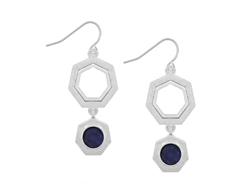 the sak Silver Tone Hexagon Drop with Blue Stone Accent Earrings
