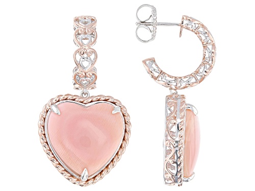 18mm Pink Conch Shell Rhodium & 18k Rose Gold Over Palladium Sterling Silver Heart Earrings