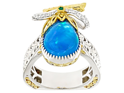 3.39ctw Paraiba Opal, Grizzly Emerald, Zircon Rhod/24K Gold Over Palladium Sterling Silver Ring - Size 9