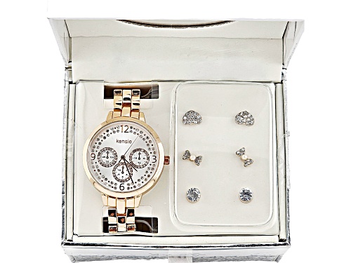 Kensie 9099 Rose Gold Tone Women's Crystal Accent Watch with Coordinating Earring Sets