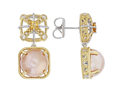 12mm Mabe Pearl, .68ctw Citrine, White Zircon Rhod/24K Gold Over Palladium Sterling Silver Earrings