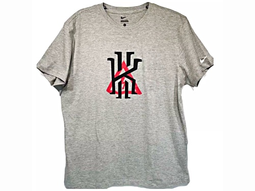 Nike Men's Gray Crew Neck T-Shirt with Red and Black Collectable Logo in Size Large