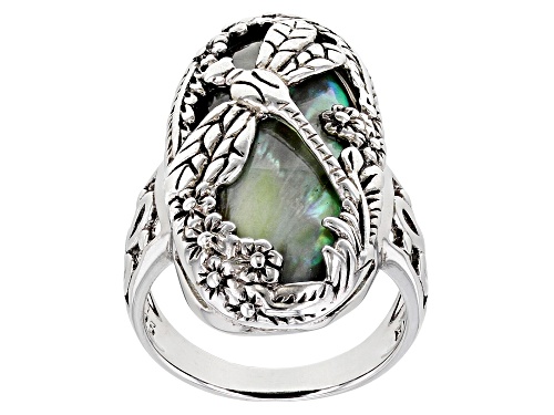 Pacific Style™ 12-26mm Oval Abalone Shell Rhodium Over Sterling Silver Dragonfly Ring - Size 8