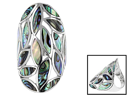 Pacific Style™ 2-5mm X 8-12mm Marquise Abalone Shell Rhodium Over Silver Inlay Open Design Ring - Size 6