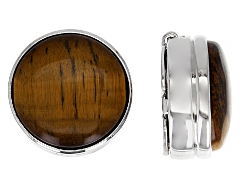 Yellow Tigers Eye Round Rhodium Over Brass Button Cover Set of 2 in Black Gift Box