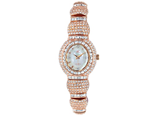 Photo of Adee Kaye™ White Crystal Rose Tone Mother of Pearl Dial Watch.