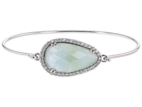 Photo of 23x12.mm Milky Aquamarine And Cubic Zirconia Rhodium Over Sterling Silver Bangle Bracelet - Size 7