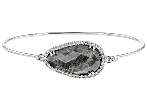 Photo of 23x12mm Gray Labradorite And Cubic Zirconia Rhodium Over Sterling Silver Bangle Bracelet - Size 7