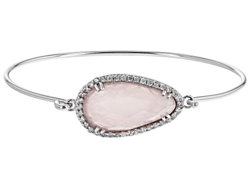 Photo of 23x12mm Rose Quartz And Cubic Zirconia Rhodium Over Sterling Silver Bangle Bracelet - Size 7