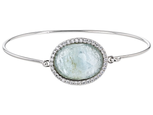 Photo of 20x15mm Oval Milky Aquamarine And Round Cubic Zirconia Rhodium Over Sterling Silver Bangle Bracelet - Size 6.75