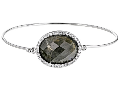 Photo of 20x15mm Oval Labradorite And Round Cubic Zirconia Rhodium Over Sterling Silver Bangle Bracelet - Size 6.75