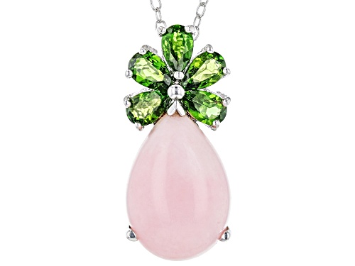 14X10mm Pink Opal With .99ctw Pear Chrome Diopside Rhodium Over Sterling Silver Pendant With Chain