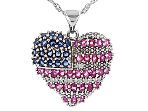 Photo of 0.80ctw Lab Ruby, Lab Sapphire, Diamond Accent Rhodium Over Silver American Flag Heart Pendant/Chain