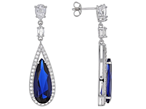 9.18ctw Pear Shape Lab Created Blue Spinel & 2.99ctw White Topaz Rhodium Over Silver Dangle Earrings