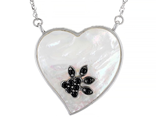 Photo of Heart Shape Mother-Of-Pearl with .50ctw Round Black Spinel Rhodium Over Sterling Silver Necklace - Size 19