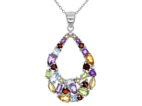 Photo of 3.48ctw Multi-Color & Shape Mixed Gemstone Rhodium Over Silver Pendant With Chain