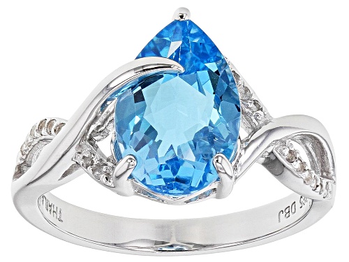 3.59ct Pear Shape Swiss Blue Topaz & .11ctw Round White Topaz Rhodium Over Sterling Silver Ring - Size 9
