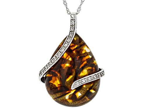 32X24MM PEAR SHAPE CABOCHON AMBER WITH .28CTW WHITE ZIRCON RHODIUM OVER  SILVER SLIDE WITH CHAIN