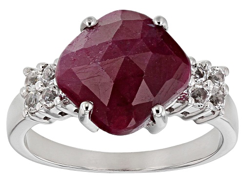 Photo of 3.92ct Square Cushion Indian Ruby with .40ctw Round White Topaz Rhodium Over Sterling Silver Ring - Size 8