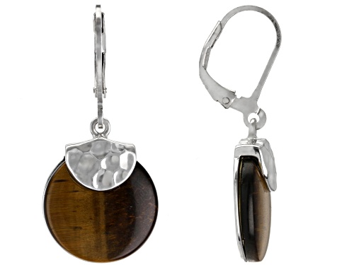 15mm Round Brown Tiger's Eye Solitaire Rhodium Over Sterling Silver Dangle Earrings