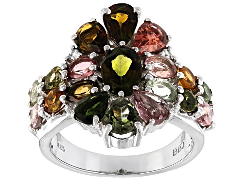 3.81ctw Mixed-Color & Shape Tourmaline with .05ctw White Zircon Rhodium Over Sterling Silver Ring - Size 9