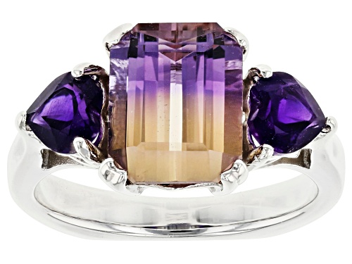 2.79ct Bi-Color Ametrine with .70ctw African Amethyst Rhodium Over Sterling Silver 3-Stone Ring - Size 8