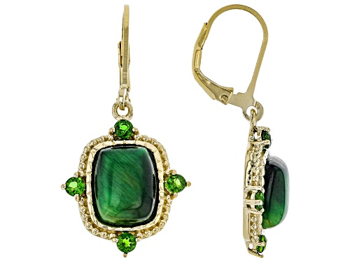 Photo of 10X8MM CUSHION CABOCHON GREEN TIGER'S EYE WITH .60CTW CHROME DIOPSIDE 18K GOLD OVER SILVER EARRINGS