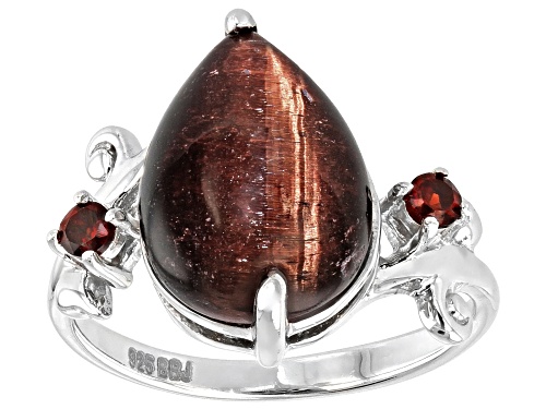 14x10mm Pear Shape Red Tigers Eye with .15ctw Vermelho Garnet™ Rhodium Over Sterling Silver Ring - Size 7
