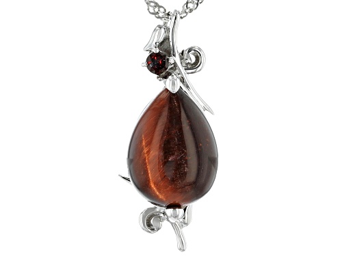 14x10mm Red Tigers Eye with .08ct Vermelho Garnet™ Rhodium Over Sterling Silver Pendant with Chain