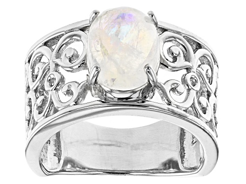 Photo of 2.55ct Oval rainbow moonstone rhodium over sterling silver solitaire ring - Size 7