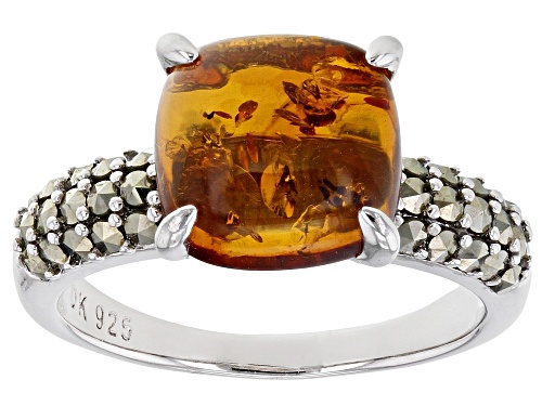 Photo of 1.15ct Square Cushion Amber and 1.22ctw Round Marcasite Rhodium Over Sterling Silver Ring - Size 8