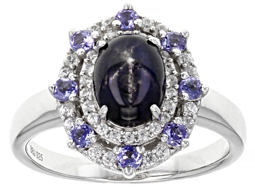 Photo of 1.94ct Oval Star Sapphire With 0.28ctw Tanzanite And 0.35ctw White Zircon Rhodium Over Silver Ring - Size 7