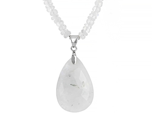 Photo of Free-Form Rainbow Moonstone Rhodium Over Sterling Silver Pendant With A Beaded Necklace