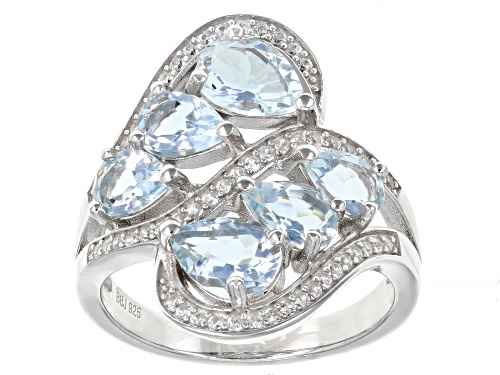Photo of 2.12ctw Pear Shaped Aquamarine with 0.32ctw Round White Zircon Rhodium Over Sterling Silver Ring. - Size 9