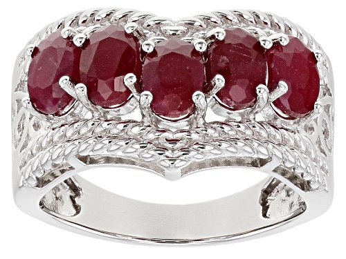 Photo of 3.10ctw Oval Indian Ruby Rhodium Over Sterling Silver 5-Stone Chevron Ring - Size 7