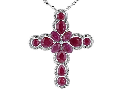 8.12ctw Mixed Shape Indian Ruby & .32ctw Zircon Rhodium Over Silver Cross Pendant With Chain